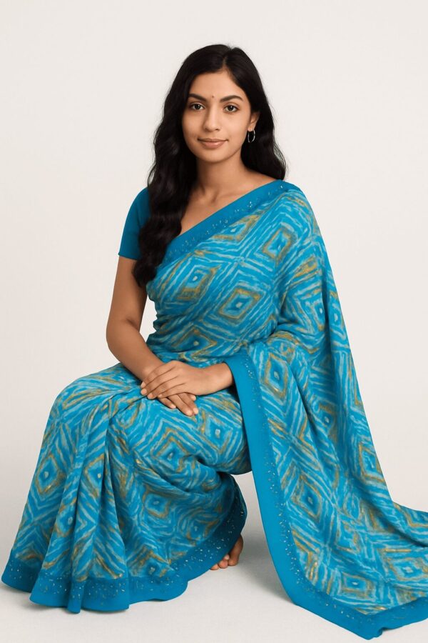 Blue Printed Georgette Saree with Abstract Design - Image 2