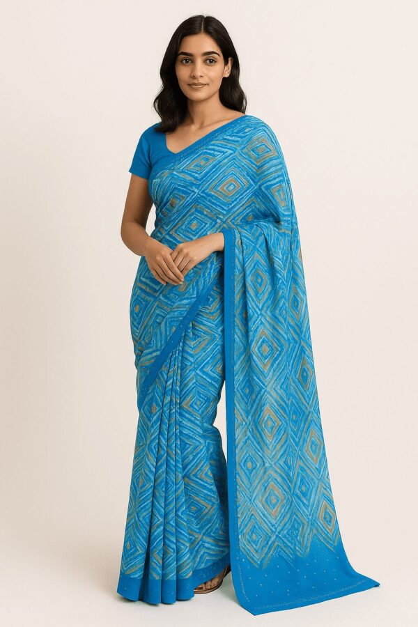 Blue Printed Georgette Saree with Abstract Design