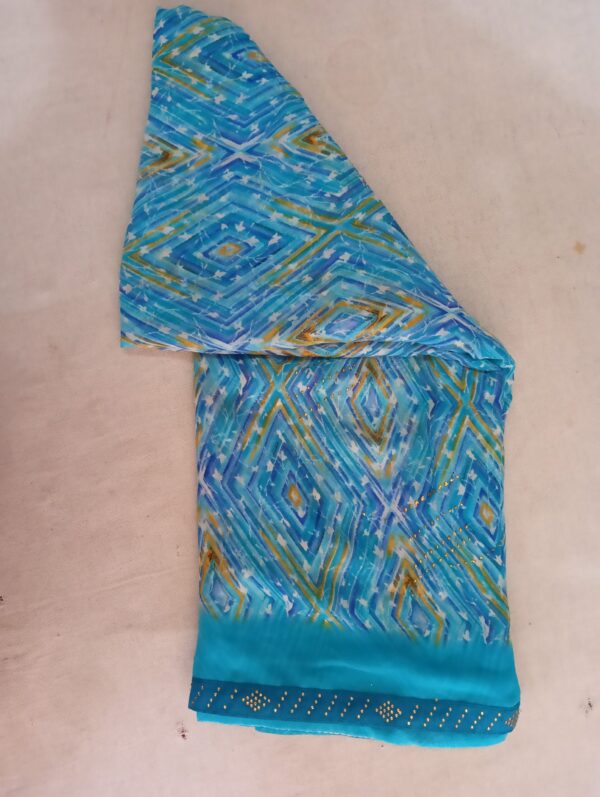 Blue Printed Georgette Saree with Abstract Design - Image 4