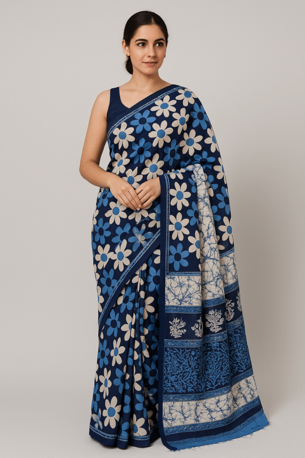 Mansha Saree offers a beautiful blue floral printed crepe saree that perfectly fuses beauty with a hint of modernity. The saree is light in weight and flows well, which makes it an ideal pick for any celebration, festival or otherwise, or for that matter, for any casual occasion. The beautiful floral design in various colors gives it a fresh appeal, and this saree instantly becomes a favorite in any collection. The crepe fabric not only improves overall looks but also provides comfort, so you can freely move with your stylish appearance.