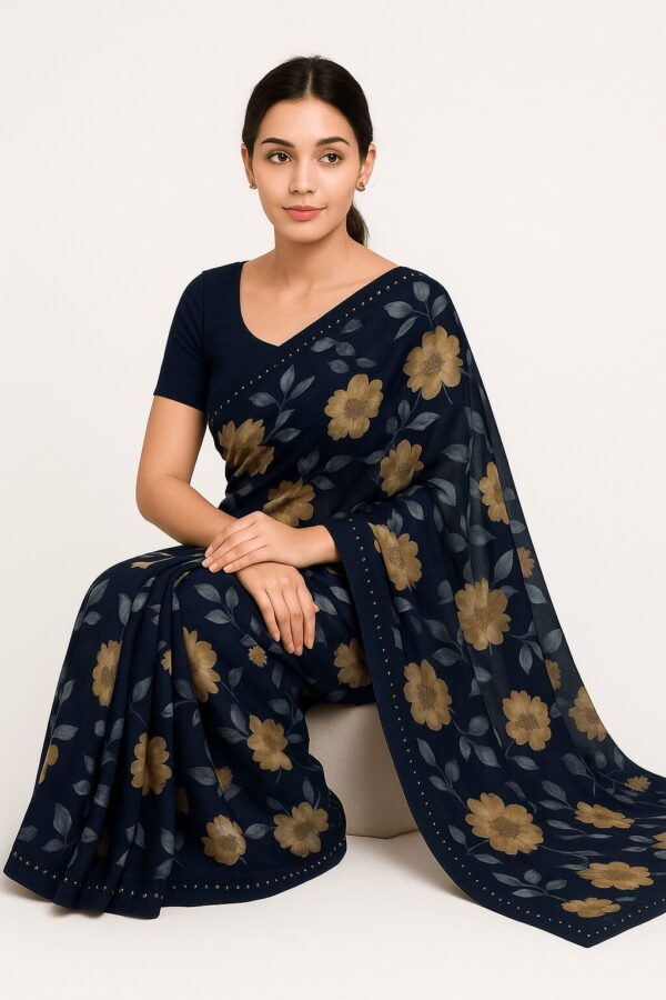 Navy Blue Printed Georgette Saree with Floral Design - Image 2