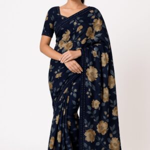Navy Blue Printed Georgette Saree with Floral Design