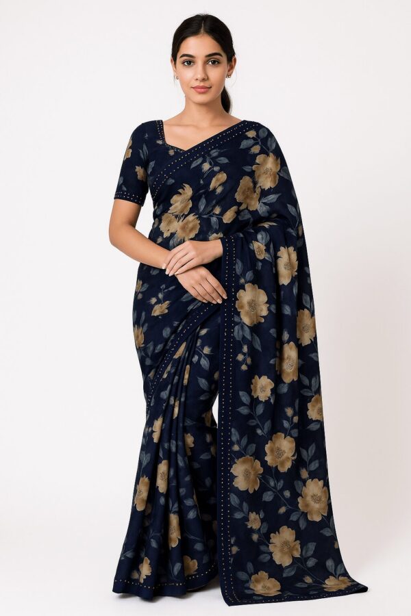 Navy Blue Printed Georgette Saree with Floral Design