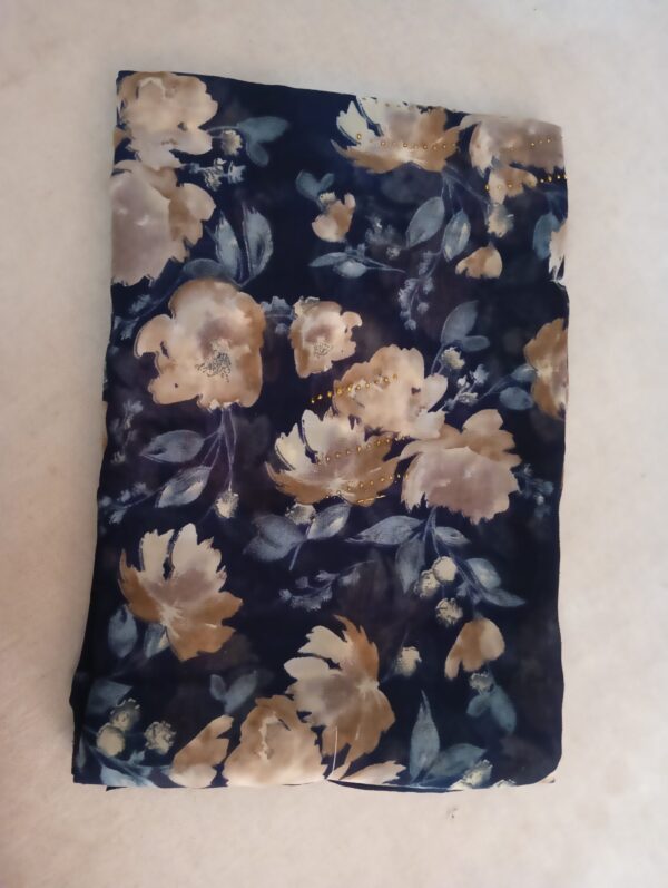 Navy Blue Printed Georgette Saree with Floral Design - Image 4