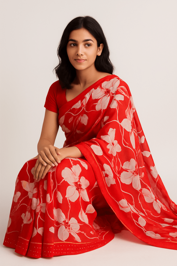 Red Printed Georgette Saree with Floral Design - Image 2