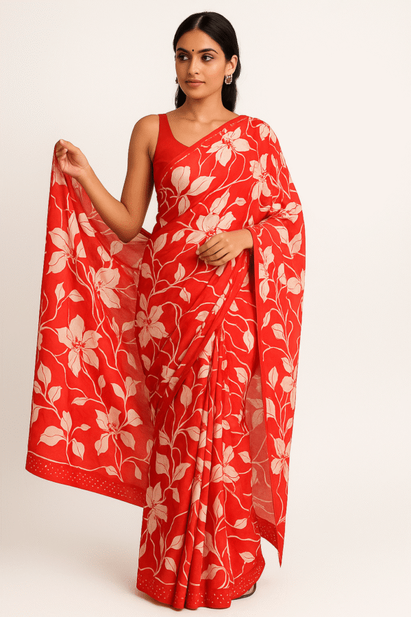 Red Printed Georgette Saree with Floral Design