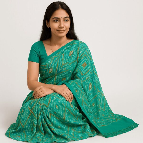 Sea Green Printed Georgette Saree with Abstract Design - Image 2