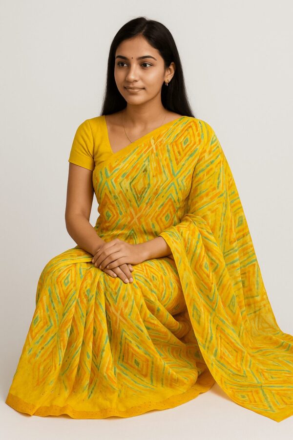 Yellow Printed Georgette Saree with Abstract Design - Image 2