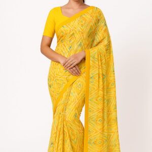 Yellow Printed Georgette Saree with Abstract Design