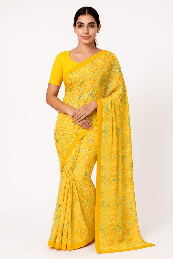 Yellow Printed Georgette Saree with Abstract Design