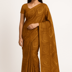 Brown Printed Crepe Saree with Abstract Design
