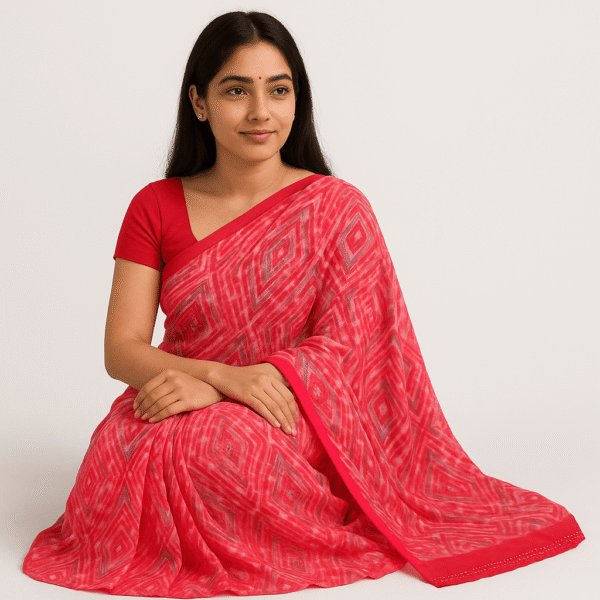 Pink Printed Georgette Saree with Abstract Design - Image 2
