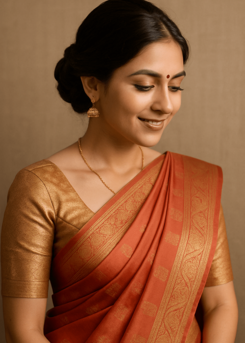 a girl wearing a saree with a Classic Low Bun