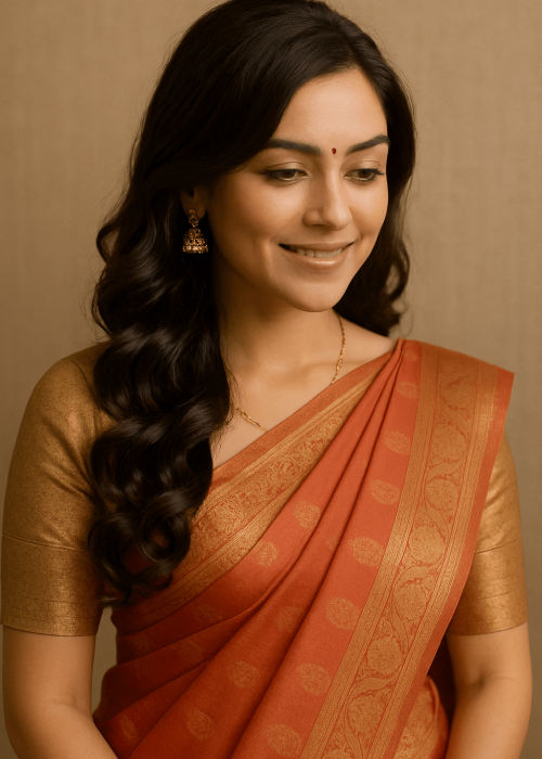 A women Wearing a saree with a beautiful hairstyle of Side-Swept Curls hair design