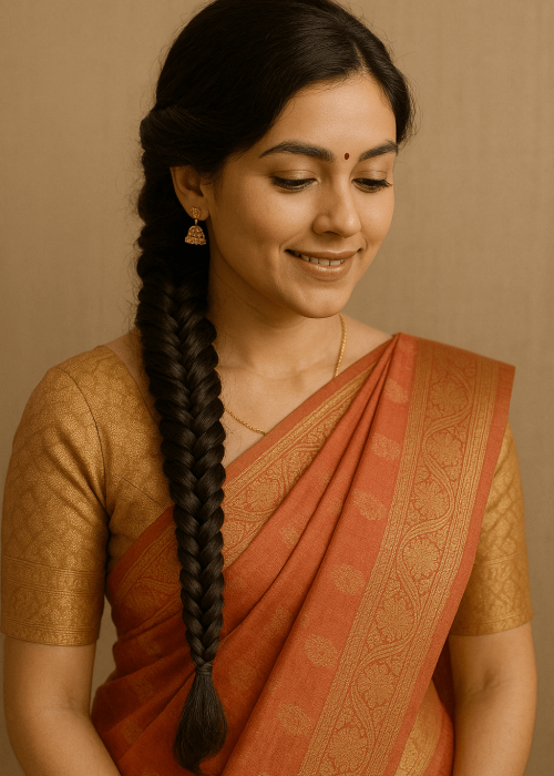 a women with Fishtail Braid hairstyle for saree