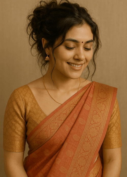 Girl wearing a saree with a messy bun hairstyle