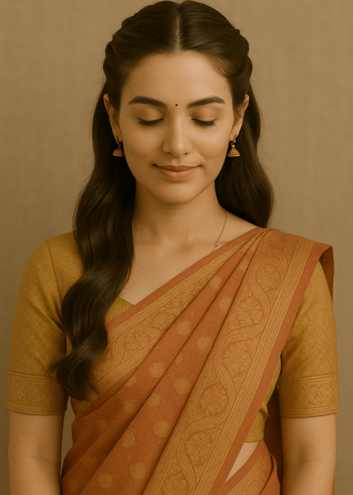 a girl wearing a saree with Half-Up, Half-Down with Twists hairstyle