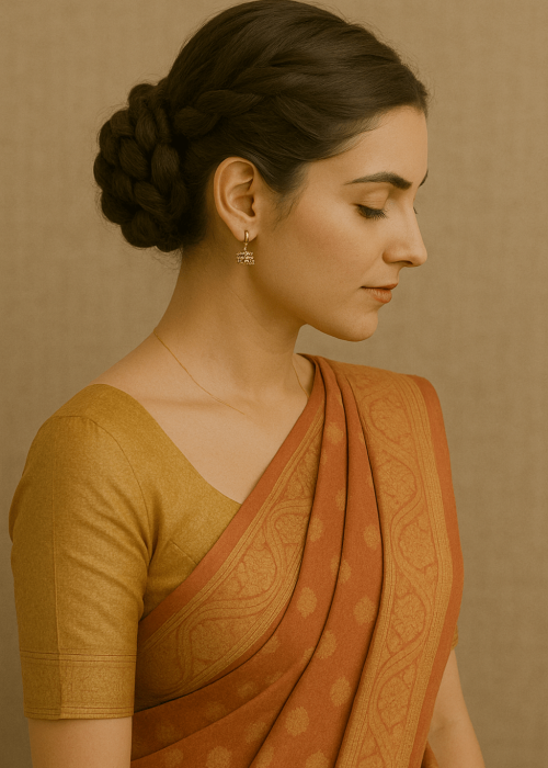 a girl wearing a beautiful saree with Braided Bun